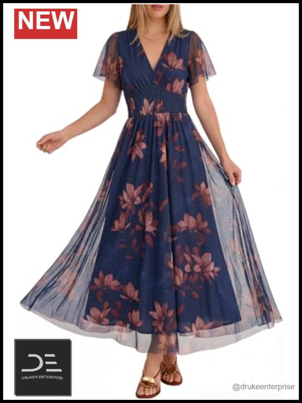 Women's Floral Tulle Maxi Dress Wedding Guest Short Sleeve V-Neck